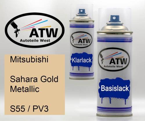 Mitsubishi, Sahara Gold Metallic, S55 / PV3: 400ml Sprühdose + 400ml Klarlack - Set, von ATW Autoteile West.